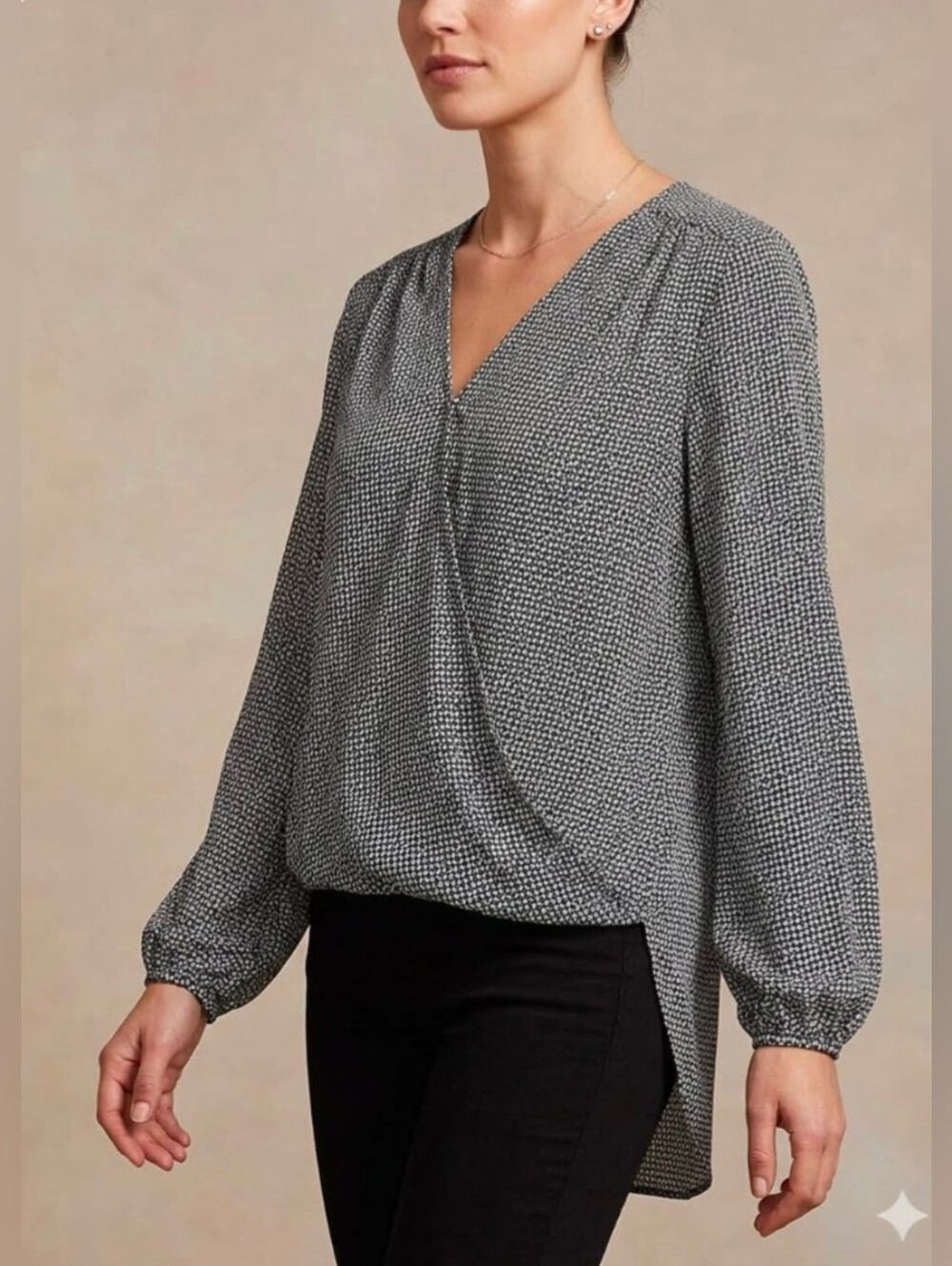 Max Studio Black and White Blouse Hi-Lo Lightweight Faux Wrap Blouse Size Small